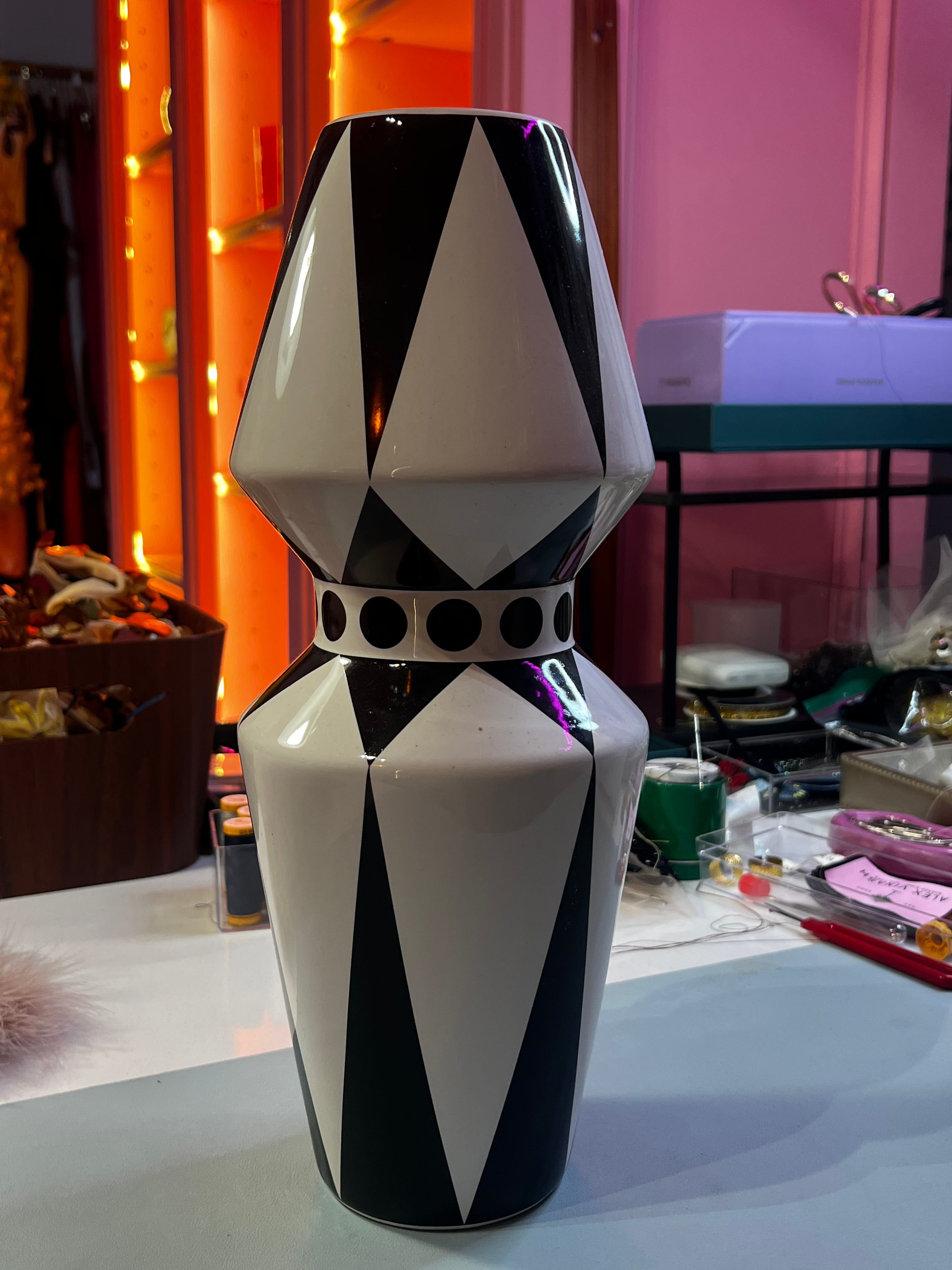 Large Black and White Retro Vase