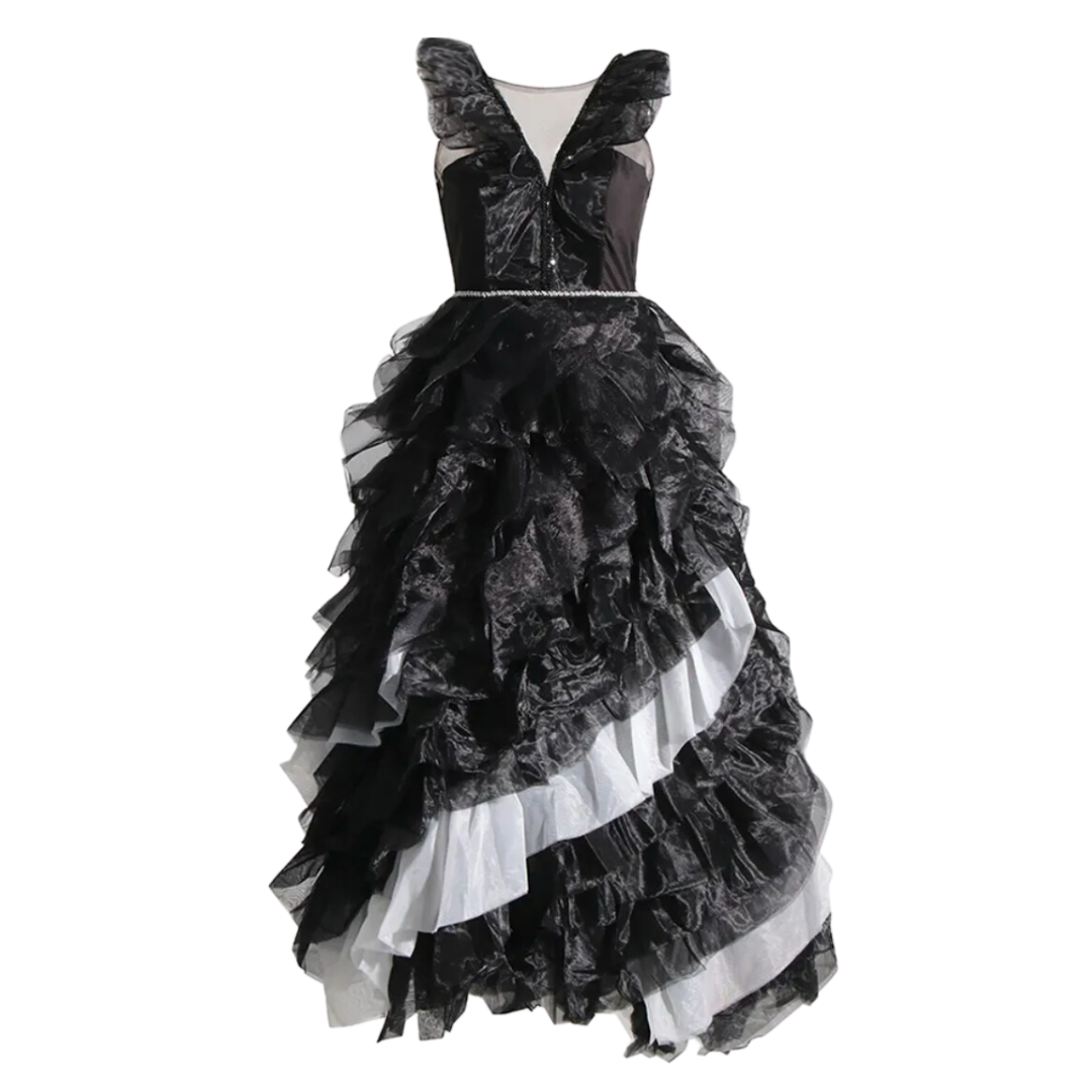Black Swan Gala Dress with Tulle, Strass & Stones, and Ruffled Skirt