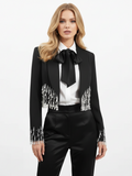 Black Torero-Inspired Cropped Tuxedo Jacket with Crystals