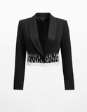 Black Torero-Inspired Cropped Tuxedo Jacket with Crystals