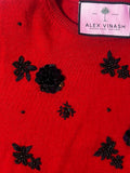 Wine Cashmere Top with 3d Flowers