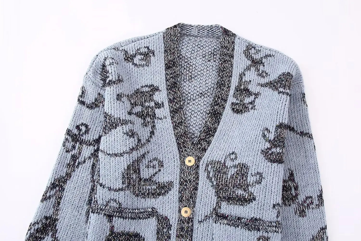 Gray and Light Blue  Jacquard Knitted Cardigan