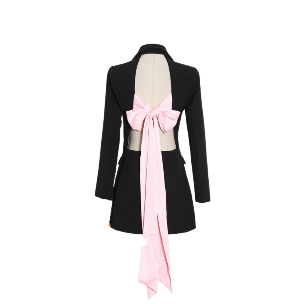 black blazer dress with pink bow SHEIN MOD Pink Bow Front Puff Sleeve Curved Hem Valentine Day Black Dress