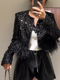 “Late Night” Black Sequins Jacket With Feathers